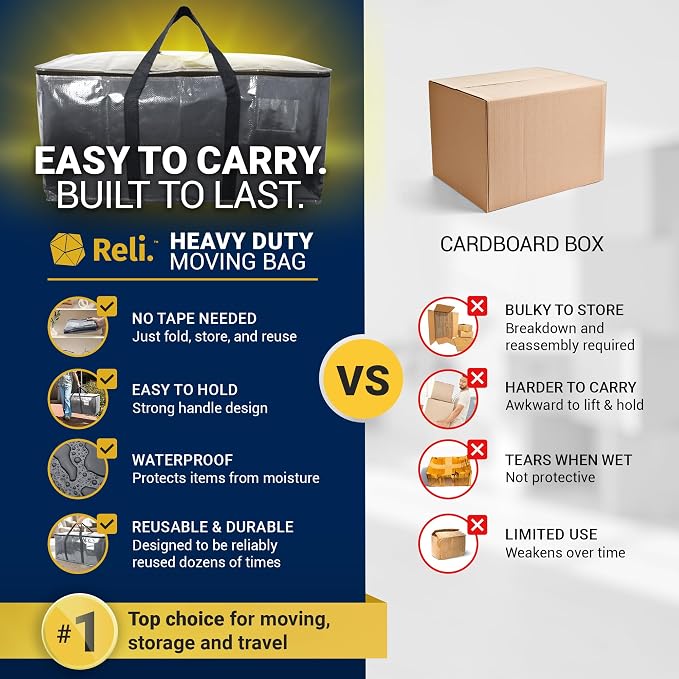 Reli. Moving Bags Heavy Duty (6 Pack) Grey, Extra Large Totes | For Storage & Packing | Small Space & Dorm Room Essentials | Packing Bags w/ Handles & Zippers | Alternative to Moving Boxes