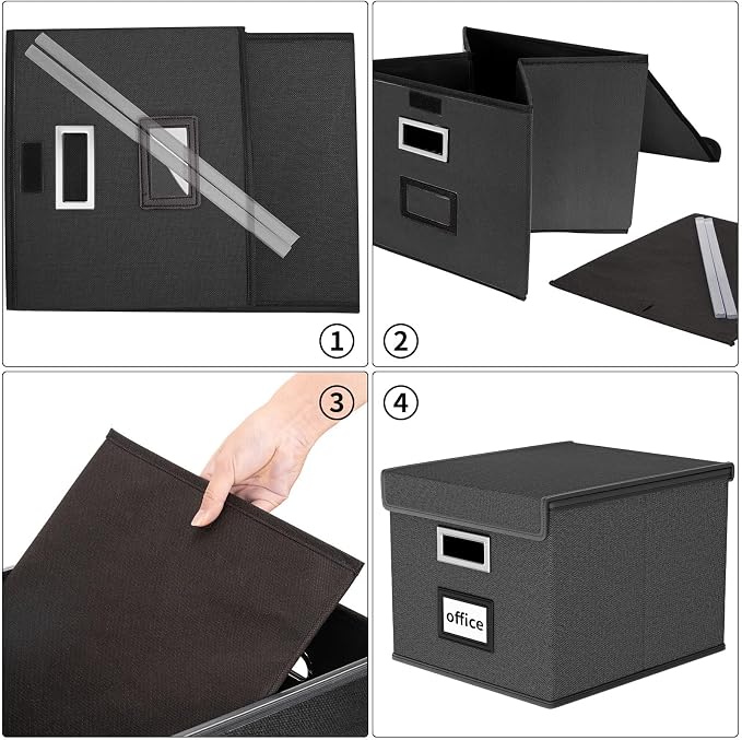 File Organizer Box with Lids, Collapsible File Folder Organizer | File Box with Plastic Slides for Office Document Storage, Filing Bin for Letter Size Hanging File Folders (4 Pack, Black)