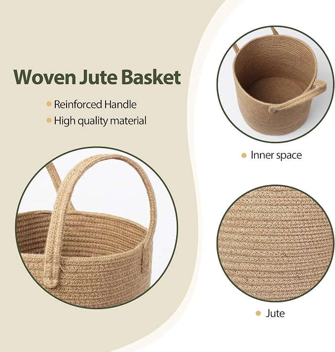 Round Wicker Basket with Handle, 12.5"x12.5" Woven Jute Rope Plant Basket for 11" Pot, Indoor Boho Tree Planter, Decorative Flower Pot Cover, Rustic Holder for Plants and Decor, Shoes Bin