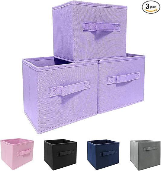 Purple Storage Bins [3 Pack] 9.0"x7.5"x7.5",Mini Storage Box Fabirc Foldable Closet Toy Organizer Collapsible Cloth