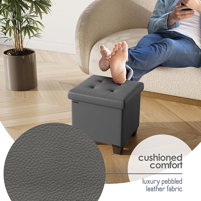 Storage Ottoman Cube with Small Bin, 15-in Square Ottoman with Storage for Living Room and Bedroom, Small Ottomans Foot Rest, Faux Leather Foot Stools Ottomans Max 330lbs, Grey