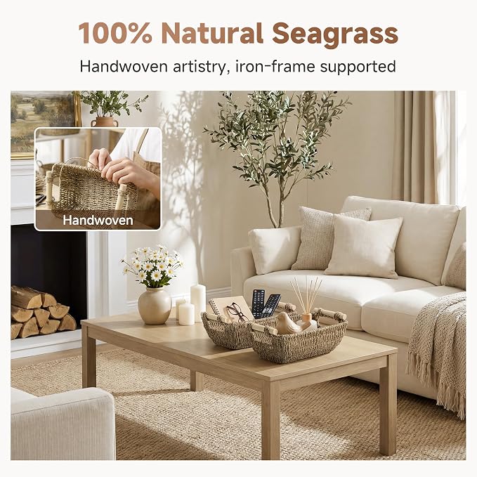 StorageWorks Small Baskets for Shelf, Seagrass Woven Basket with Wooden Handles for Gifts, 2-Pack