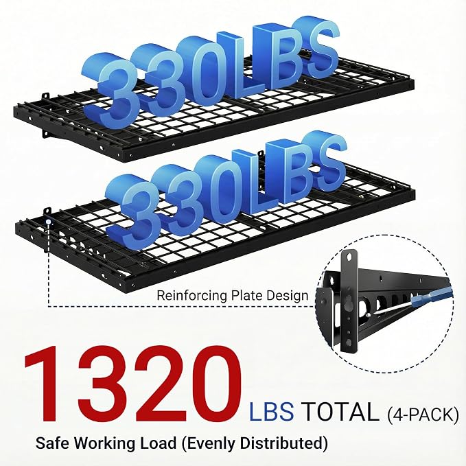 FLEXIMOUNTS 2x4ft Garage Storage, 4 Pack Garage Wall Shelving, Black | 24x48 in, 1320 lb Capacity, Heavy-Duty Steel, For Garage & Workshop, Storage Bins, Garden Tools, Pro Series