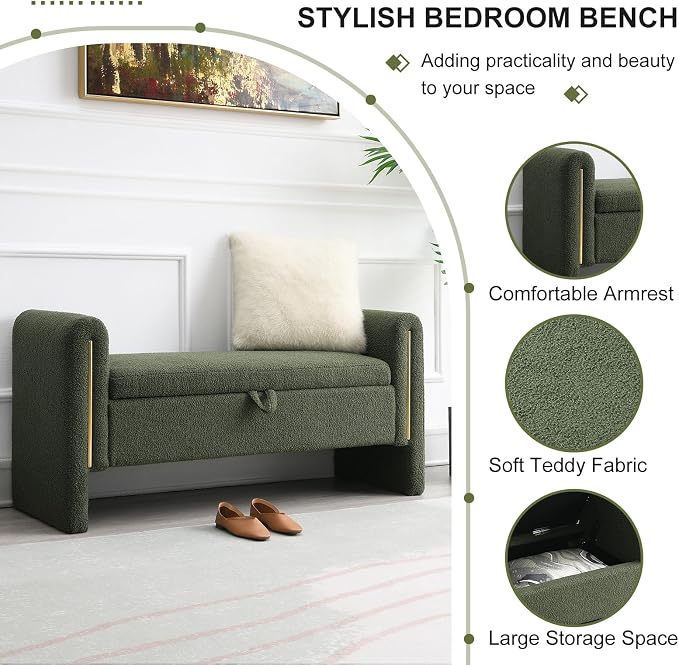 NIOIIKIT 52" Storage Ottoman Bench, Teddy Upholstered Storage Bench with Armrest, Entryway Bench with Pull-Ring, End of Bed Bench, Window Bench for Living Room (Olive Green)