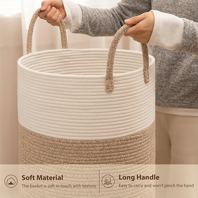 OIAHOMY Large Laundry Basket Hamper - 100L Cotton Rope Woven Basket for Blankets, Toys, Clothes - Tall Decorative Nursery Hamper with Long Handles, Brown/White