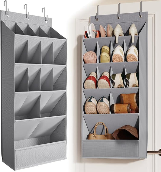 Mefirt Over the Door Shoe Rack for Closet Fit 18+ Pairs, Door Shoe Organizer with Large Breathable Pockets, Hanging Shoes Rack Fit Boots, Behind the Door Shoe Holder for Categorized Storage, Grey ﻿