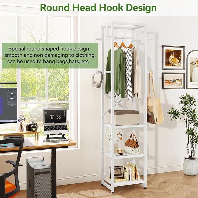 IBUYKE Freestanding Coat Rack,with 3 Shelves and 8 Hooks,White UTMJ088W | Metal Frame,Industrial Hall Tree,Clothes Stand for Entryway, Hallway, Bedroom,Office, Living Room