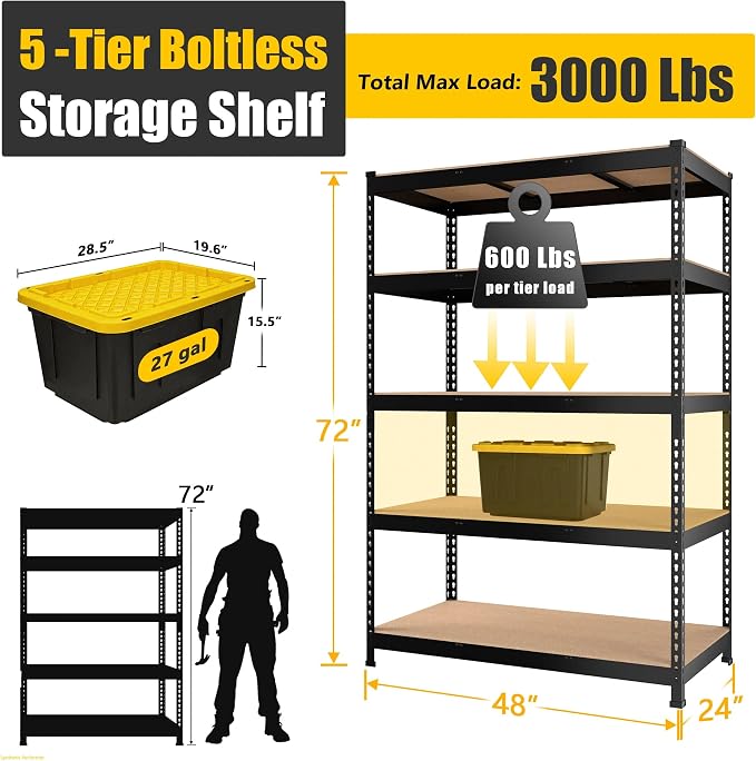 PrimeZone 48"W x 24"D x 72"H Garage Storage Shelves, 5-Tier Metal Shelving | 3000 LBS Capacity, Heavy-Duty Metal Frame, FSC MDF Boards, Boltless Assembly, Adjustable Shelves for Warehouse Basement 10PCS