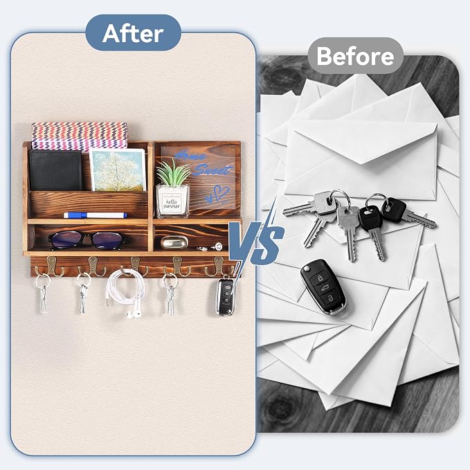 Key Holder Wall Mount, Mail Organizer Wall Mounted, Solid Wood Key Holder for Wall Living Room Entryway Home Decor, with 10 Key Hooks, Shelf, Marker Pen, 15.7" x 10.2" x 2.8"