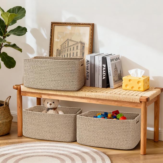 4 Pack Large Storage Basket for Organizing, 17.5"x13"x7" Woven Basket for Shelves, Closet Cube Storage Bins with Wrapped Handle, Cotton Rope Baskets for Kitchen, Clothes, Toys(Natural))