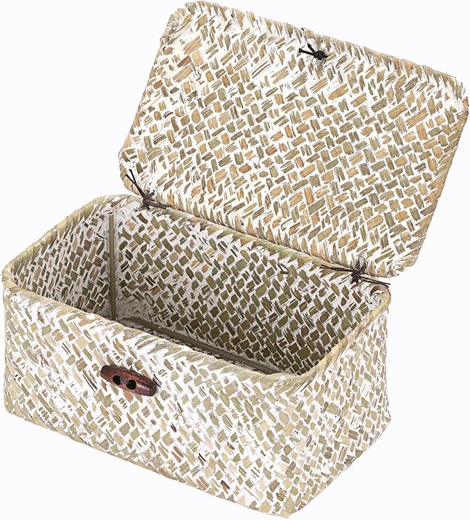 Hipiwe Mini Seagrass Shelf Basket with Lid Decorative Woven Box, 7x4.3x3.3" | Wicker Storage Bins for Shelf Home Decor, Multipurpose Desktop Basket Organizer for Keys Remote Control, Whitewash