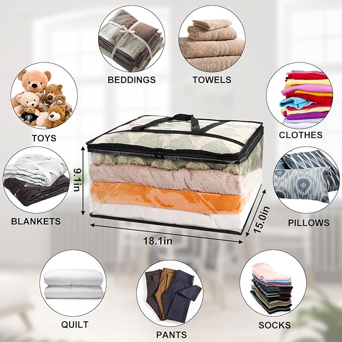 8Pack Clear Blanket Storage Bags Comforter Clothes Storage Moving Bag, 40L | Vinyl Material Reinforced Handle for Bedding, Clothing, Comforters, Pillows, Toys, Closet Organizers and Storage Containers