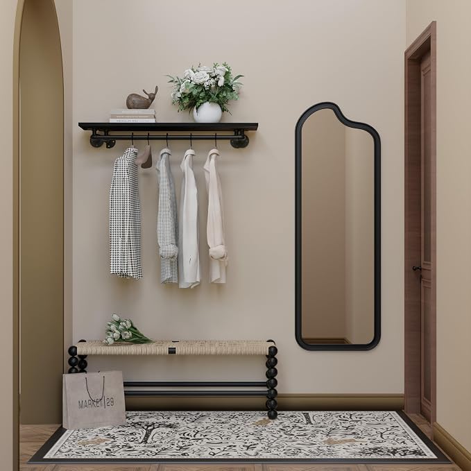 Clothes Rack 42in, Wall Mounted Garment Rack with Real Black Wood Shelf, Heavy Duty Hanging Clothes Rack, Multi-Purpose Hanging Rod, Space-Saving Closet Storage