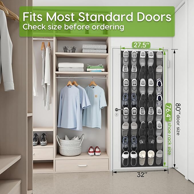 Over the Door Shoe Organizer with 40 Large Breathable Mesh Pockets, Space Saving Shoe Holder, Hanging Shoe Rack for Entryway Bedroom Closet Storage (Black, 80 Pockets)
