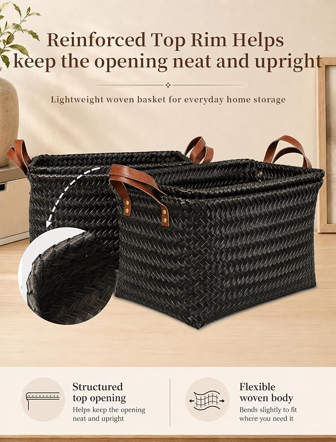 Wicker Storage Baskets, 4 Pack Woven Baskets for Shelves, Dark Gold | PP Rattan, Water-resistant Wicker Basket, Large Baskets with Faux Leather Handles for Blanket, Laundry Organizer, Room Decor