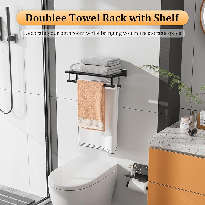 Alise Double Towel Rack for Bathroom Wall Mounted 16 Inch,Matte Black | Bathroom Tower Holder Towel Shelf with Double Towel Bars,SUS304 Stainless Steel Towel Rack with Shelf for Lavatory Kitchen