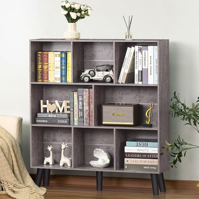 LEYAOYAO 8 Cube Bookshelf,Mid-Century Modern Bookcase with Legs,Dirty Grey | 3 Tier Book Shelf,Rustic Wood Bookshelves Freestanding Large Storage Organizer, Open Shelves for Bedroom, Living Room, Office