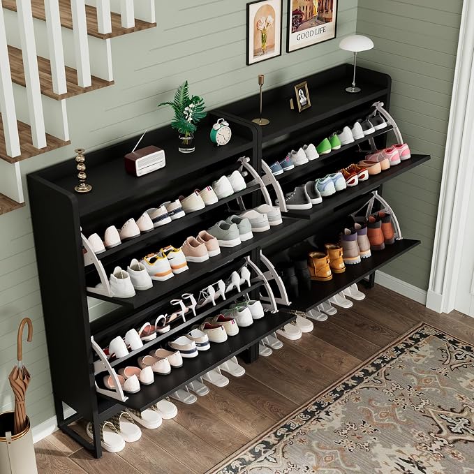 GRUSIGN Shoe Cabinet, Shoe Storage Cabinet with 2 Flip Drawers & Adjustable Shelf, Space-Saving Shoe Organizer – Holds 16+ Pairs, Narrow Shoe Cabinet Storage for Entryway/Hallway（Black）