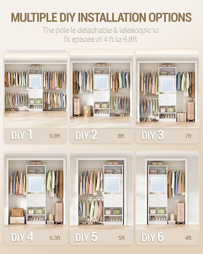 Hzuaneri Closet System Closet Organizer and Storage with 3-Color LED Mirror | 4-9.8FT Walk-in Closet System Wooden Storage Systems with 3 Drawers, LED Mirror, 4 Hang Rods & 2 SHELF, White BW00103EUS
