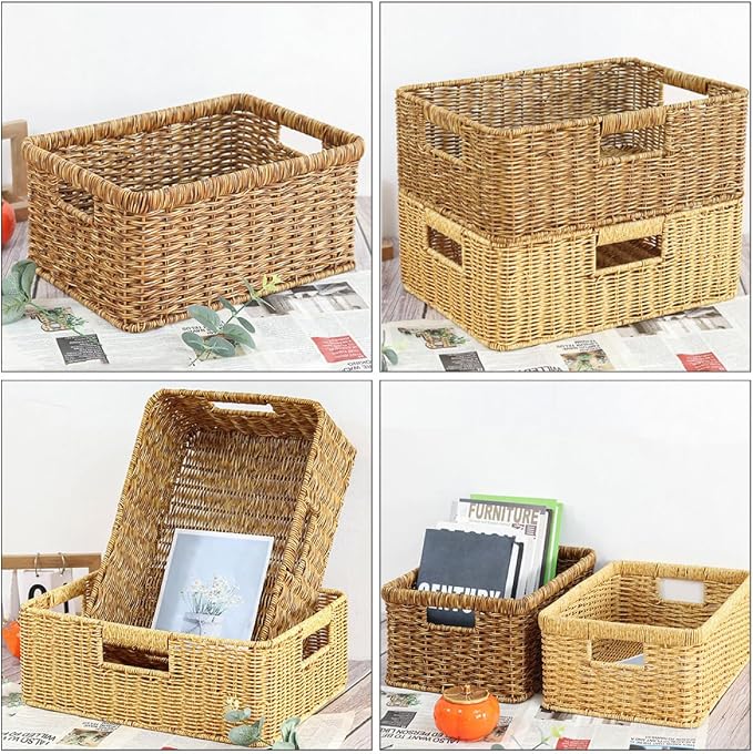 SHINEOFI Decorative Woven Storage Basket Handwoven Imitation Rattan Sundries Organizer with Hollow Handles for Home Desktop Organization Deep Coffee Color