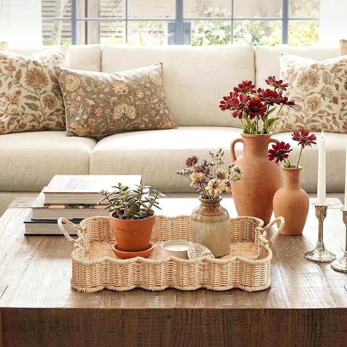 GRANNY SAYS Scalloped Edge Rectangle Wicker Serving Tray, Coffee Table Tray, Serving Trays with Handles, Decorative Tray for Entryway, Coffee Table, Woven Tray for Serving, 15 ¾"×11 ½"×2 ¼"