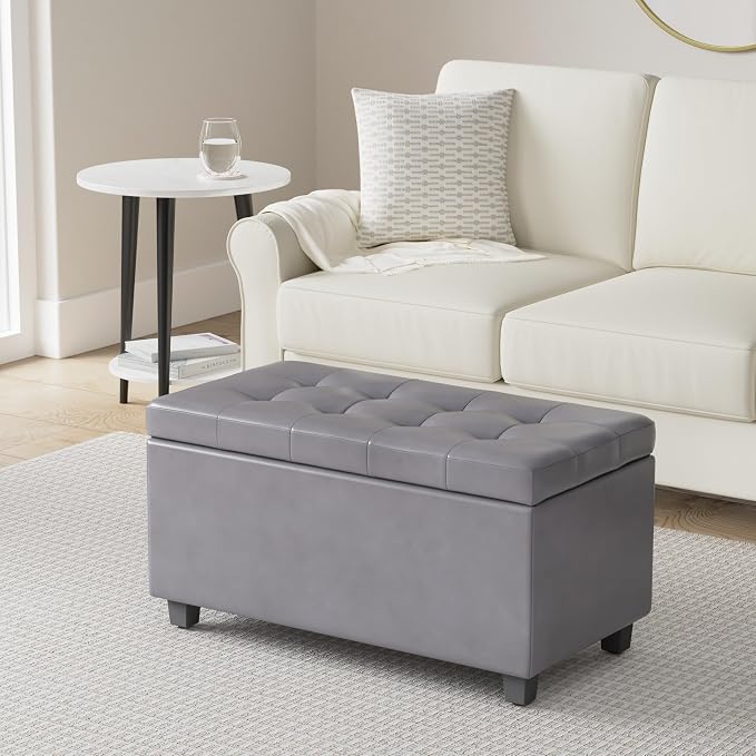SIMPLIHOME Cosmopolitan 34" Wide Vegan Leather Storage Ottoman in Brown | Stone grey, transitional storage ottoman with tufting and lift-up lid; rectangle storage bench for living room or entryway.