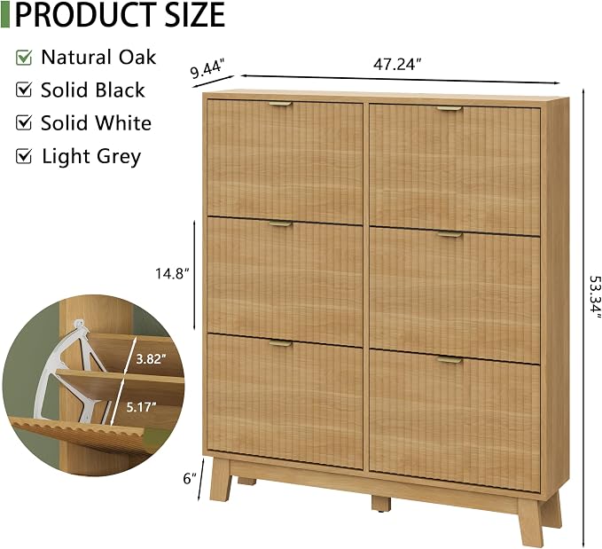 Xixini Shoe Cabinet with 6 Flip Drawers, 54" Tall Narrow Fluted Shoe Storage Organizer for Entryway, Hidden Slim Wooden Shoe Rack Cabinet for Front Door Entrance, Hallway, Living Room, Natural Oak