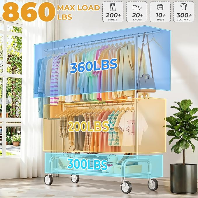 Heavy Duty Clothes Rack Load 860LBS, Double Rods Rolling Clothing Racks for Hanging Clothes, Rolling Garment Rack With Sturdy Wheels Shelves, Portable & Adjustable Commercial Garment Rack, Silver