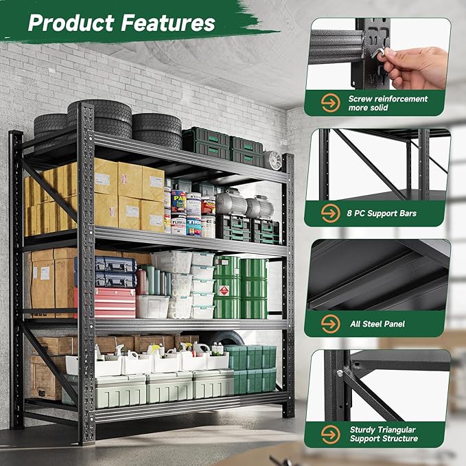 Letaya 3000LBS Storage Shelves Heavy Duty,70" H Garage Shelving Units, 4 Tier Adjustable Utility Rack Shelf,Large Metal Industrial Shelves,for Shop,Warehouse,Basement,Black (48" W x 24" D x 70" H)