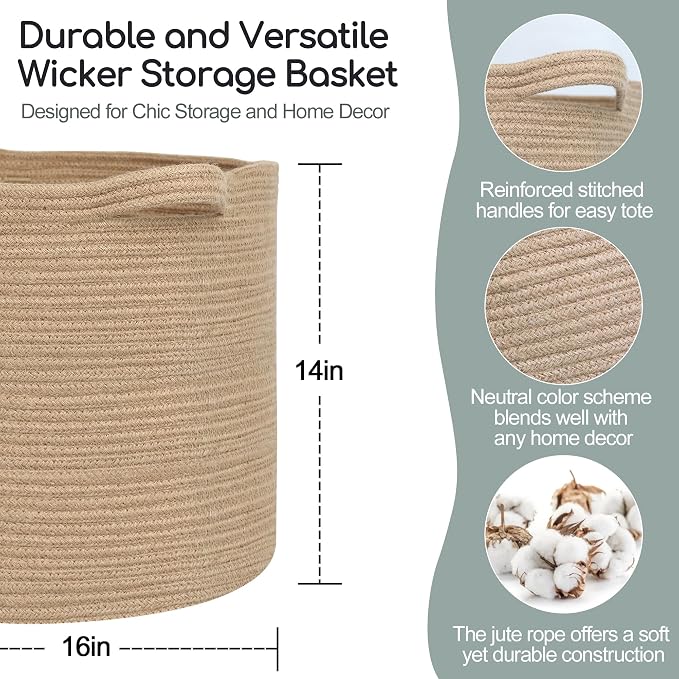MEGASKET Large Wicker Storage Basket, 16" x 14" Jute Woven Basket with Handle, Living Room Blanket Storage, Big Wicker Laundry Basket, Kids Toy Bin Box Organizer, Decorative Round Baskets for Decor