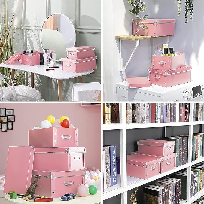 XUCHUN File Storage Boxes, Foldable Storage Bins with Lid 3 in 1 Set, Press-Stud Fastening, Moisture-Proof, Space Saving Storage, Photoes, Files, Closets