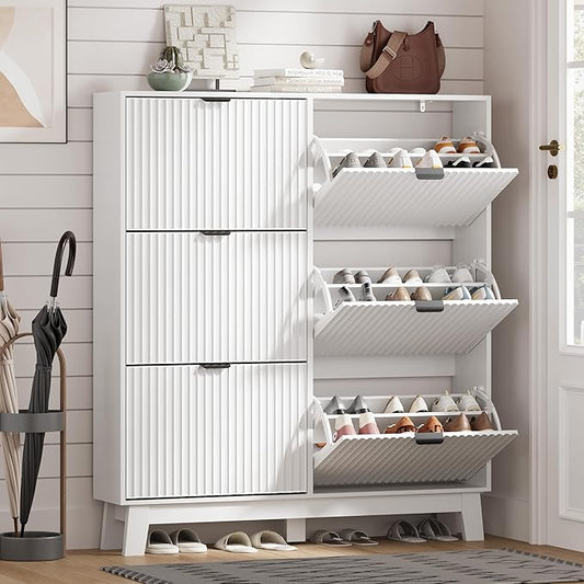 HUANLEGO Shoe Cabinet Storage for Entryway with 6 Flip Drawers, Fluted Narrow Shoe Organizer with Wooden Legs, Freestanding Slim Shoe Storage Hidden Shoe Rack Organizer for Front Door Entrance, White