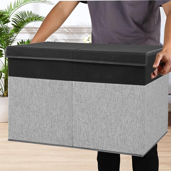 Large Toy Storage Box with Lid, Toy Chest Bin Boxes Basket with Dividers | Sturdy Toy Organizer Bin for Kids, Boys, Girls, Nursery, Living Room, Bedroom, Playroom 25"x13" x16" (Black and Grey)