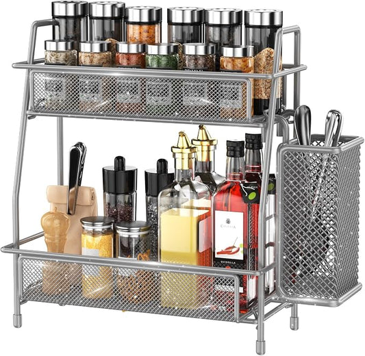 Spice Rack Organizer for Kitchen Counter, Spices Organizer and Storage Seasoning Organizer for Cabinet, Kitchen Metal Countertop Organizer with Side Basket (Grey)
