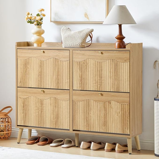 BERRYMERRY Natural 47.2” Shoe Storage Cabinet with 4 Flip Drawers | narrow,entryway,adjustable feet,32 pairs shoe,shoe organize,hidden shoe rack,fluted panel,wave pattern,wood,space saving