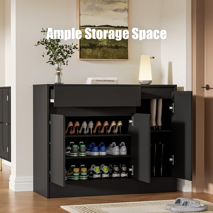 Housoul 39.4" W Shoe Storage Cabinet with 3 Doors & Drawer, Black | Freestanding Modern Shoe Cabinet with Drawer & Adjustable Shelves, Wooden Shoe Organizer Cabinet for Entryway, Hallway