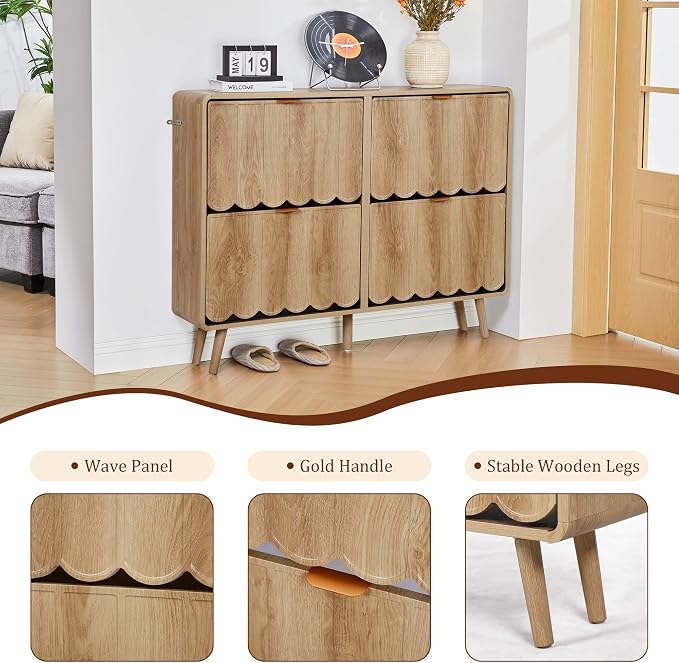 Shoe Storage Cabinet for Entryway with 4 Flip Drawers, Freestanding Narrow Wood Shoe Cabinet with Wave Panel, Hidden Shoe Organizer for Foyer, Hallway (Natural)