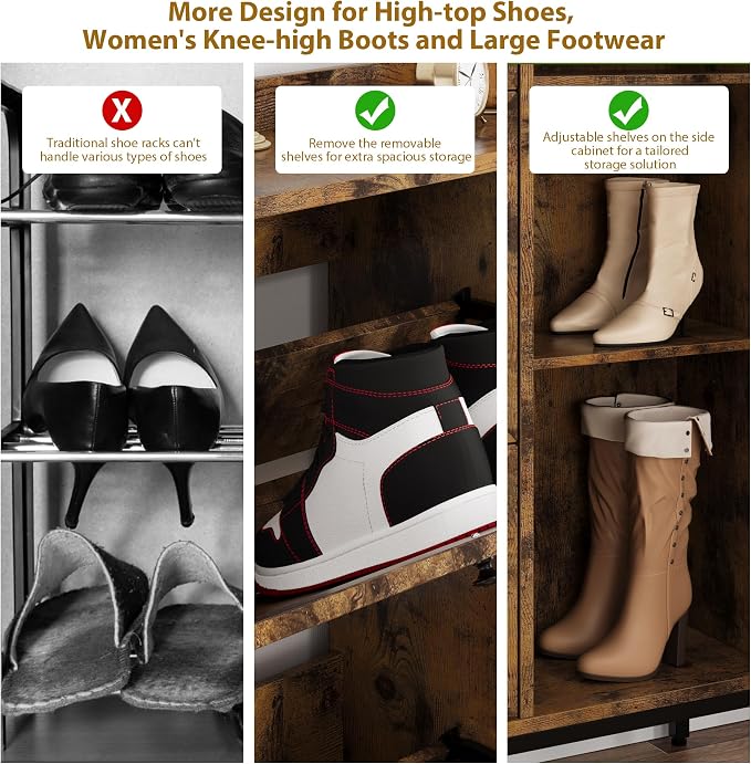 Garvee Shoe Cabinet with 3 Flip Drawers and 4-Tier Shoe Storage Cabinet, Freestanding Shoe Organizer with Adjustable Shelf and Rattan Doors for Entryway, Closet, Hallway