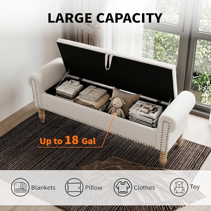 60" Corduroy Storage Bench, Queen End of Bed, White | Corduroy Upholstered, Bedroom/Entryway/Closet, Storage Ottoman Bench, Window Seat, Lift-Top, Tufted Button, Solid Wood Legs.