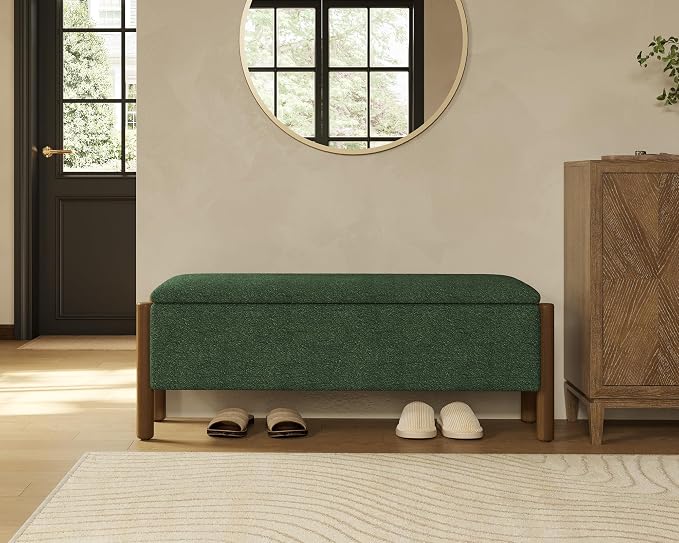 47" Storage Ottoman Bench, Boucle Upholstered End of Bed Bench for Bedroom, Entryway Shoe Bench with Large Storage Space, Heavy Duty Padded Foot Rest Stool Blanket Chest for Living Room, Green