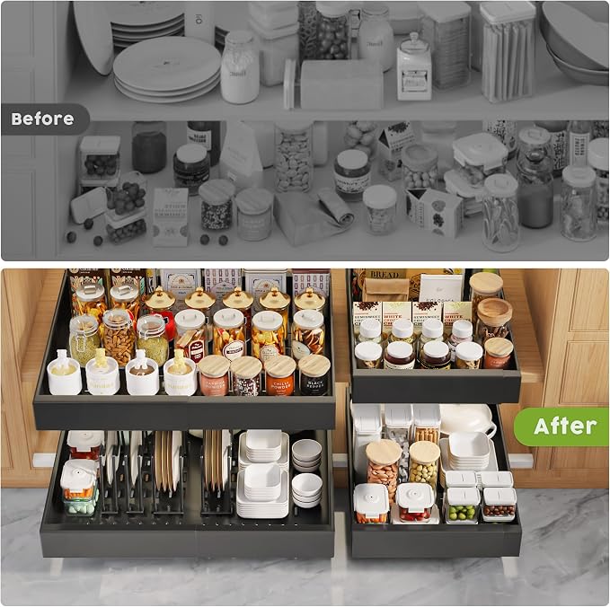 Seinloes 6 Pack Pull Out Cabinet Organizers 21" Deep With Raising Pad for Framed Cabinets, Expandable Slide Out Drawers with 4pcs Divider Racks, Roll Out Shelves, Adjustable Width 12"-20.45" Black