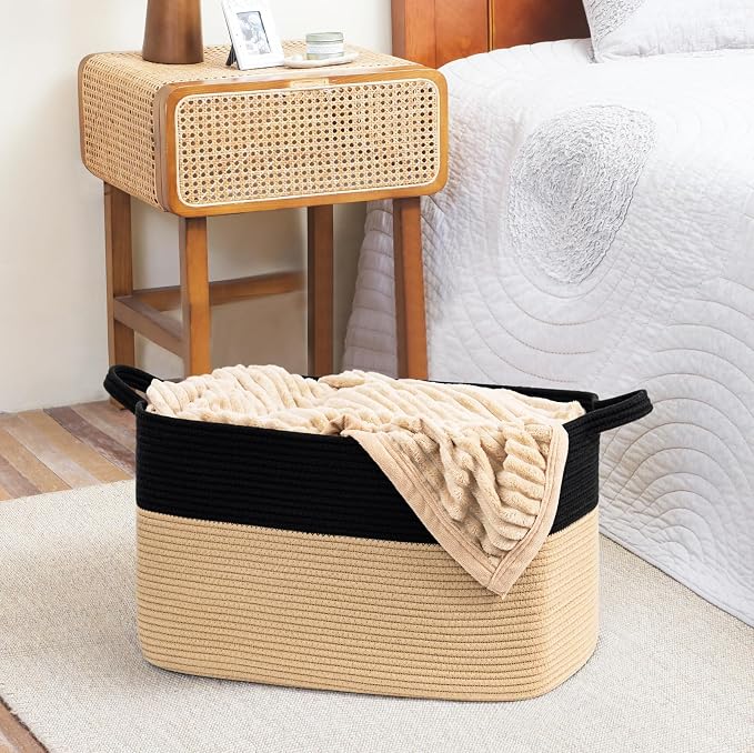 Goodpick Large Wicker Blanket Basket, Rectangle Storage, Black & Camel | 21.6 x 14.9 x 11.8 in, Reinforced Handles, Living Room, Bedroom & Nursery Organization, Toys, Blankets & Clothes Storage
