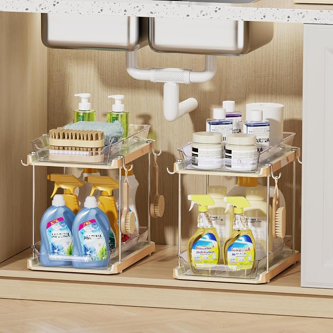 Delamu 2 Tier Under Sink Organizer Bathroom, Bathroom Cabinet Organizer with Snap-Lock Design and Hooks, Pull Out Storage with Movable Dividers, for Countertop, Kitchen and Pantry (White, 4 Pack)
