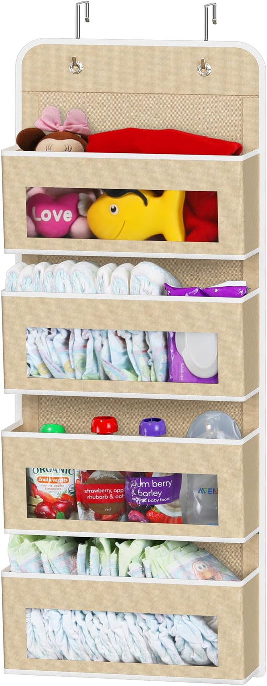 Simple Houseware 4 Clear Window Pocket Over Door Hanging Organizer, Beige | Over the Door Storage for Closet, Bedroom, Bathroom, Pantry