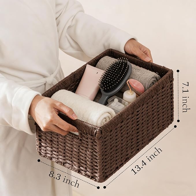 joybest Dark Brown Wicker Baskets for Shelves, Hand-woven Storage Baskets | 13.4L x 8.3W x 7.1H inch for Pantry, Kichen Organizing, Foldable Rectangular Bin with Handles, 2-pack