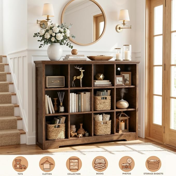 Aheaplus Wooden 12-Cube Storage Organizer with Charging Ports, Modern Cube Bookcase with Base, 4-Tier Floor Standing Open Cubbies Bookshelf, Cubicle Display Shelf for Home and Office, Cracked Oak