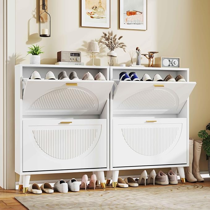 Narrow Shoe Cabinet Storage for Entryway: Cabinet Shoe Rack Organizer, White Shoes Cabinets with 4 Flip Drawers, Modern Shoes Storage Entryway for Front Door Entrance (2 Piece, 25")