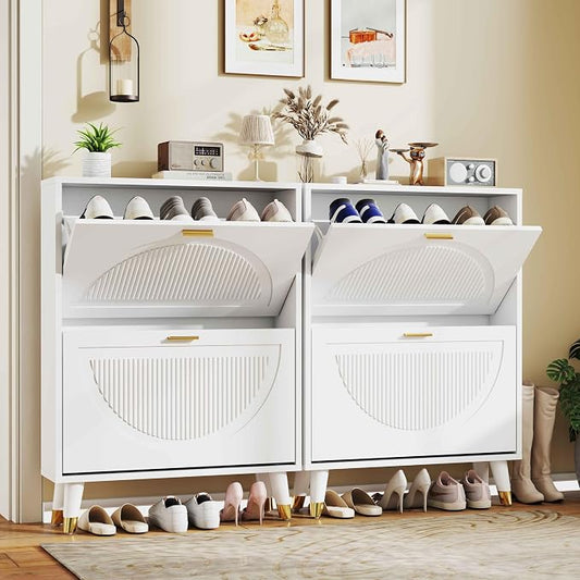 Narrow Shoe Cabinet Storage for Entryway: Cabinet Shoe Rack Organizer, White Shoes Cabinets with 4 Flip Drawers, Modern Shoes Storage Entryway for Front Door Entrance (2 Piece, 25")