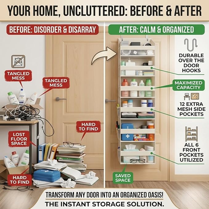 HOMELUX THEORY UPGRADED 6 Tiers Over The Door Organizer Hanging - 100D EXTRA THICK & 50lbs HUGE CAPACITY, 12 Side Mesh Pockets Over The Door Shoe Organizer, Hanging Closet Organizer (Ivory, 2pc)