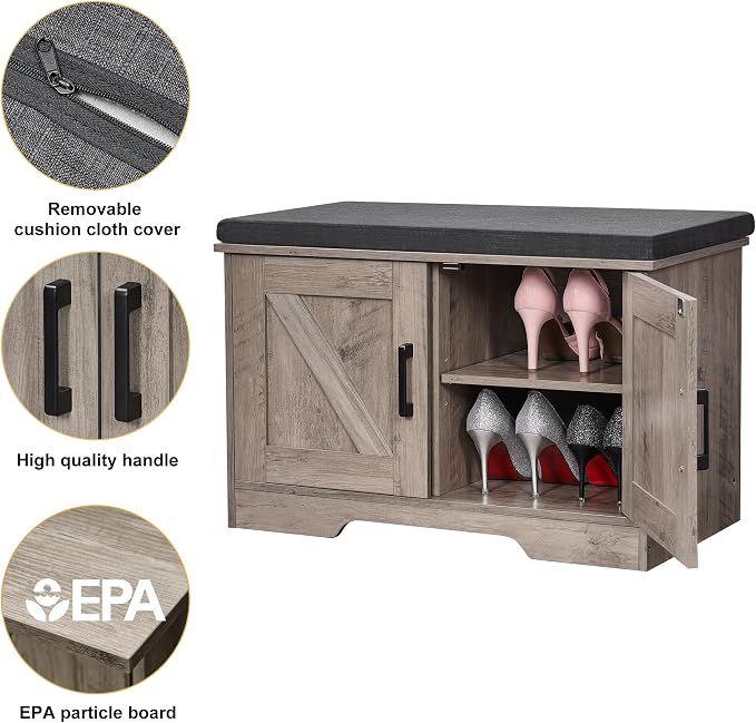 HOMSHO Farmhouse Shoe Storage Bench with 2 Barn Doors & Padded Seat Cushion | 27.6" Wide Entryway Bench with Adjustable Shelves & Hidden Storage, Greige